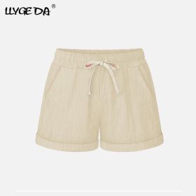 Running Gym Sports Women Shorts Wide Leg Drawstring Elastic Waist Lace up Short 2021 Summer Solid Loose Casual Female Bottoms (Color: Apricot, size: 4XL)
