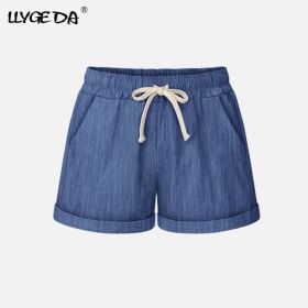 Running Gym Sports Women Shorts Wide Leg Drawstring Elastic Waist Lace up Short 2021 Summer Solid Loose Casual Female Bottoms (Color: Cowboy blue, size: M)