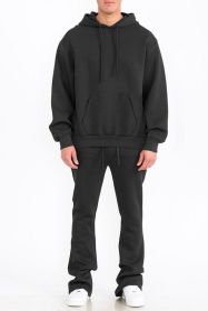 Mens Solid Fleece Flare Stacked SET (Color: Black, size: L)