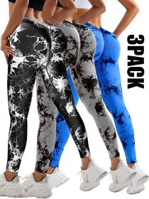 3 Pack Women's Scrunch Workout Leggings, High Waisted Butt Lifting Tie-dye V Back Waist Seamless Gym Yoga Leggings (Color: 3PACK4, size: L)