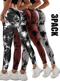 3 Pack Women's Scrunch Workout Leggings, High Waisted Butt Lifting Tie-dye V Back Waist Seamless Gym Yoga Leggings (Color: 3PACK1, size: M)