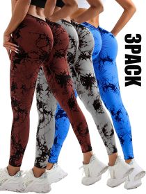 3 Pack Women's Scrunch Workout Leggings, High Waisted Butt Lifting Tie-dye V Back Waist Seamless Gym Yoga Leggings (Color: 3PACK3, size: L)