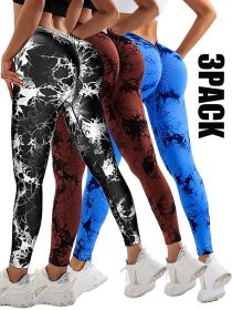 3 Pack Women's Scrunch Workout Leggings, High Waisted Butt Lifting Tie-dye V Back Waist Seamless Gym Yoga Leggings (Color: 3PACK2, size: M)