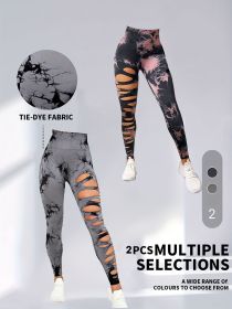 2 Pack Hollow Sexy High Elastic Women's Tie Dye Cutout Tights High Waist Workout Yoga Leggings, Scrunch Butt Lifting Elastic Pants (Color: 2PACK2, size: M)