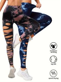 2 Pack Hollow Sexy High Elastic Women's Tie Dye Cutout Tights High Waist Workout Yoga Leggings, Scrunch Butt Lifting Elastic Pants (Color: 2PACK10, size: S)