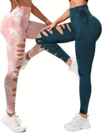 2 Pack Hollow Sexy High Elastic Women's Tie Dye Cutout Tights High Waist Workout Yoga Leggings, Scrunch Butt Lifting Elastic Pants (Color: 2PACK19, size: L)