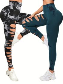 2 Pack Hollow Sexy High Elastic Women's Tie Dye Cutout Tights High Waist Workout Yoga Leggings, Scrunch Butt Lifting Elastic Pants (Color: 2PACK12, size: S)