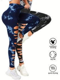 2 Pack Hollow Sexy High Elastic Women's Tie Dye Cutout Tights High Waist Workout Yoga Leggings, Scrunch Butt Lifting Elastic Pants (Color: 2PACK8, size: S)
