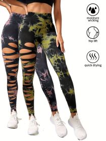 2 Pack Hollow Sexy High Elastic Women's Tie Dye Cutout Tights High Waist Workout Yoga Leggings, Scrunch Butt Lifting Elastic Pants (Color: 2PACK17, size: L)