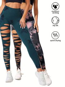 2 Pack Hollow Sexy High Elastic Women's Tie Dye Cutout Tights High Waist Workout Yoga Leggings, Scrunch Butt Lifting Elastic Pants (Color: 2PACK11, size: S)