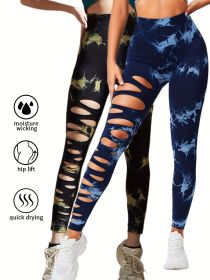 2 Pack Hollow Sexy High Elastic Women's Tie Dye Cutout Tights High Waist Workout Yoga Leggings, Scrunch Butt Lifting Elastic Pants (Color: 2PACK13, size: M)