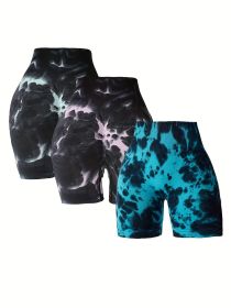 3 Pack Tie-dye High-waisted Butt-lifting Women's Sports Yoga Shorts (Color: 3PACK2, size: M)